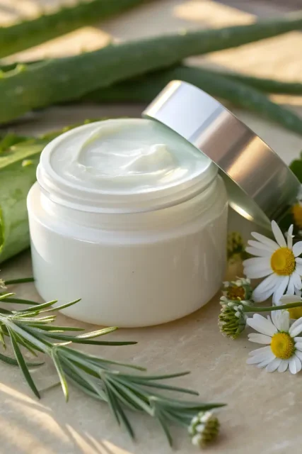 A jar of Topical Facial Cream, showcasing its smooth texture and elegant packaging, with a soft, natural light to emphasize its luxurious feel and skin-enhancing properties.