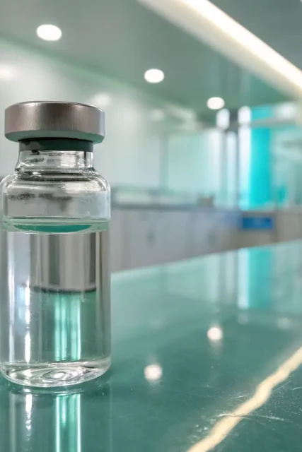 A close-up shot of a vial of Injectable Peptide, highlighting its clear liquid and professional packaging, with a blurred background of a medical setting to convey its clinical application.